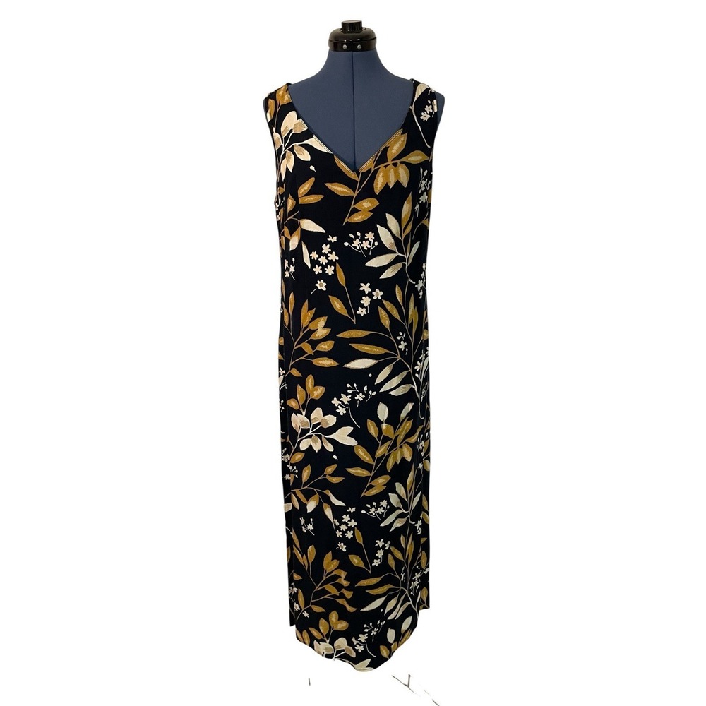 Vtg Darian Black Brown Floral Hawaiian Sleeveless Maxi Dress Tropical Boho 90s L